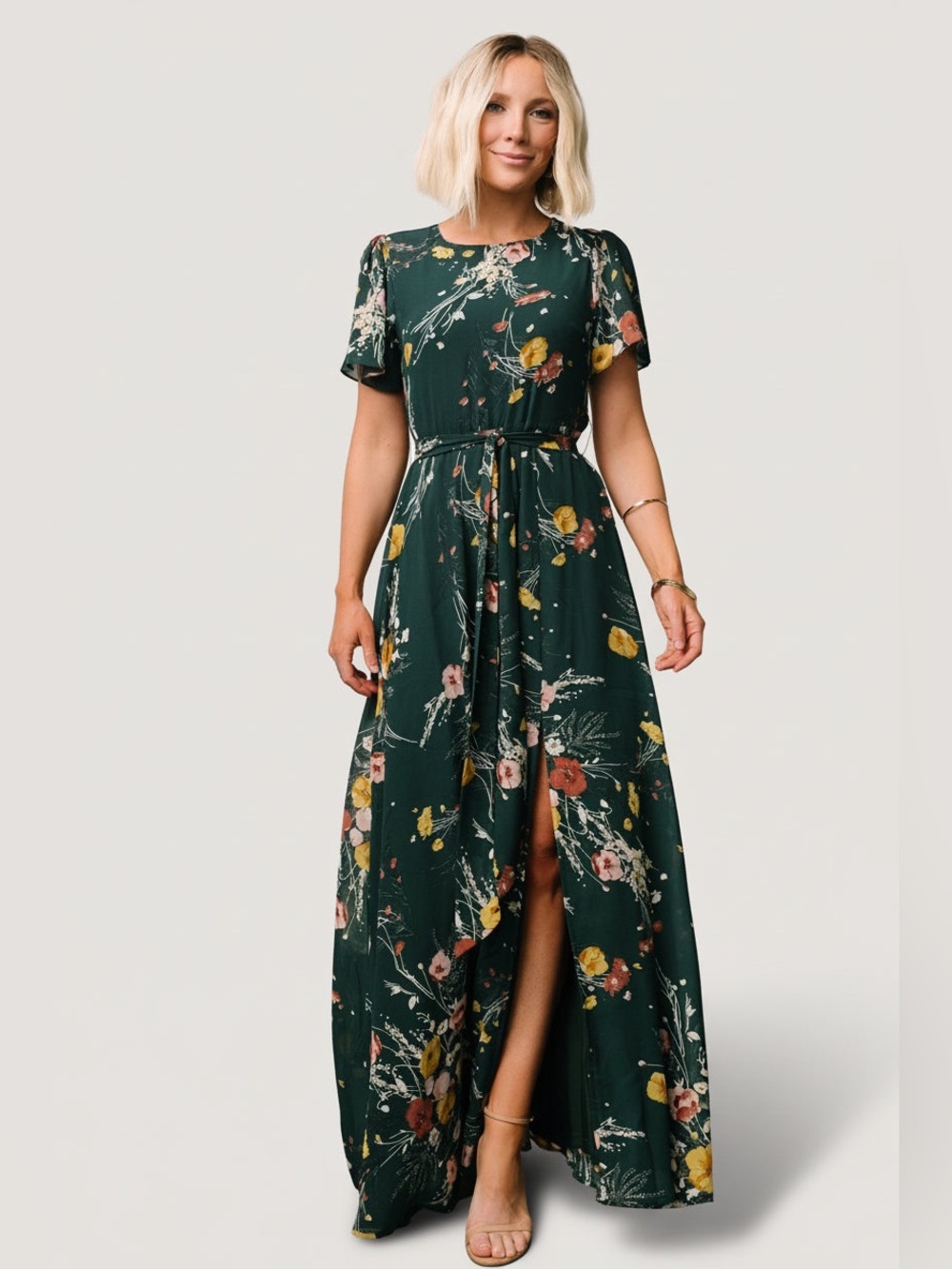 Baltic Born Short Sleeve Green Floral Maxi Dress - Size Large